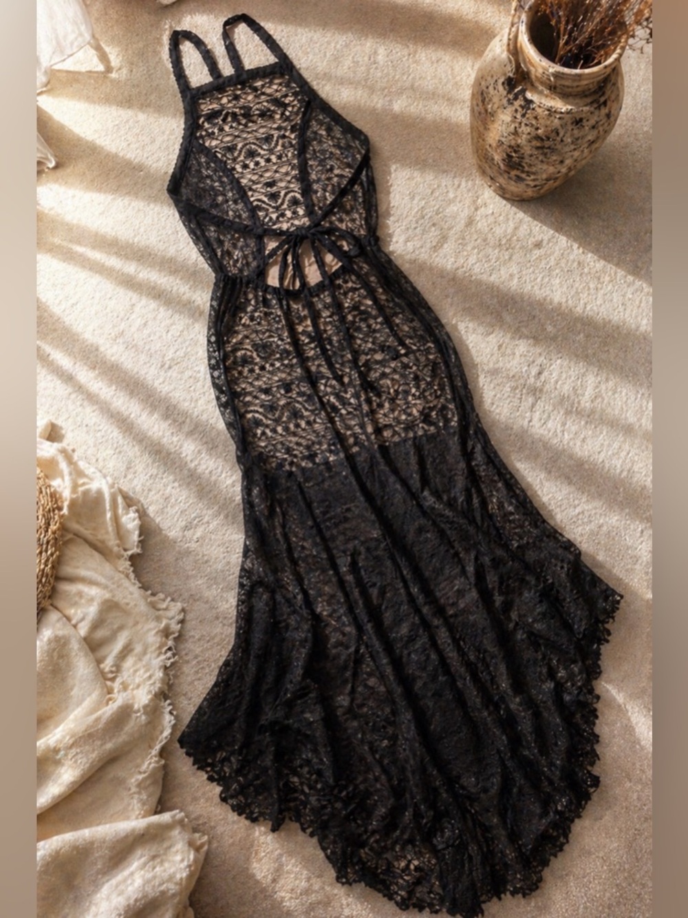 ✨ Kendall + Kylie Lace Sheer Maxi Dress Open Back Tie | Boho Gothic Festival  S✨